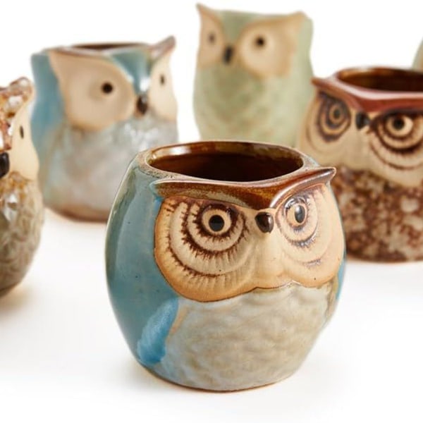 2.5" Ceramic Owl Pot with Flowing Glaze, Series Set