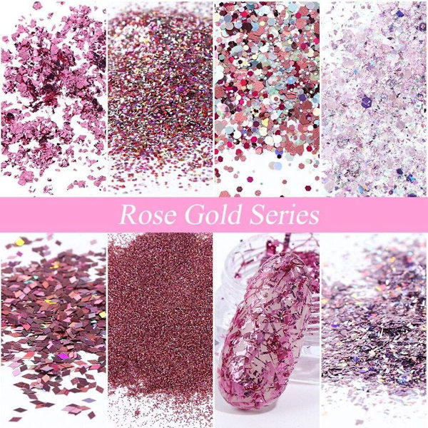 Holografiska nagelkonstpaljetter glitter, 8 lådor/set roséguld rosa nagelflingor Bun KLB