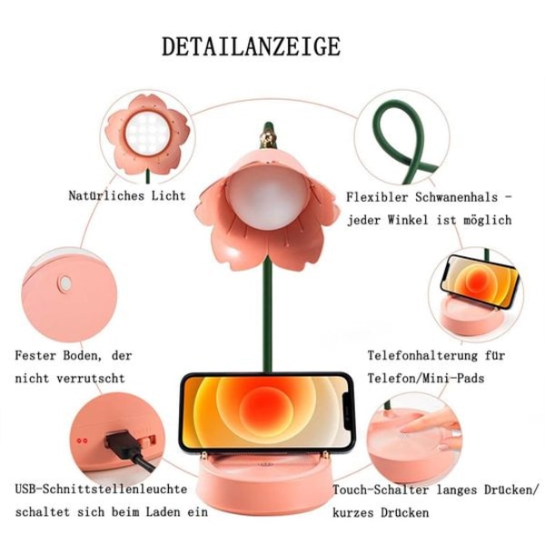 Rosa skrivebordslampe for barn, kreativ oppladbar LED-skrivebordslampe