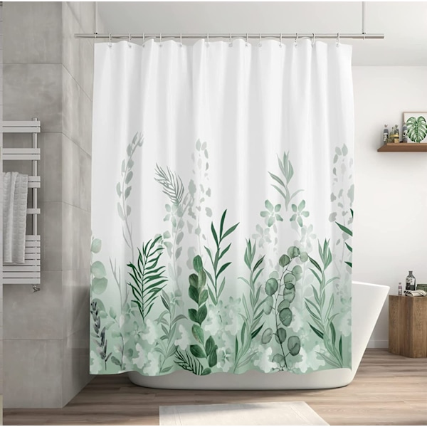 180x200 cm Grøn Polyester Stof Bruseforhæng, Urskog, Eng, Grønne Planter, Akvarel Effekt, Anti-Mildew, Vandtæt o-