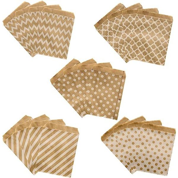 100 Stykker (5 Stilarter) Brun Bund Kraftpapir, Papir Slikpose, Papir Slikpose, Anvend til Jul, Fødselsdag, Bryllup, Fest