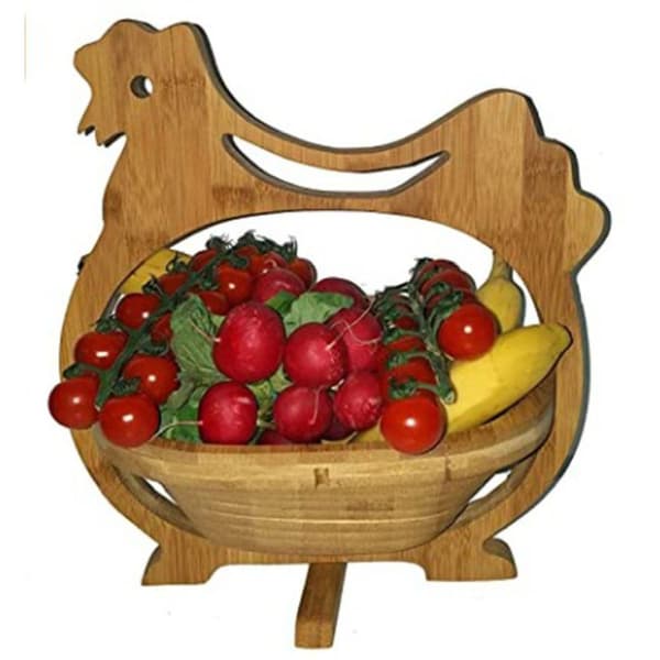 Fällbar korg i bambu, fruktkorg, dekorativ fruktskål, hopfällbar träkorg (kycklingdesign)