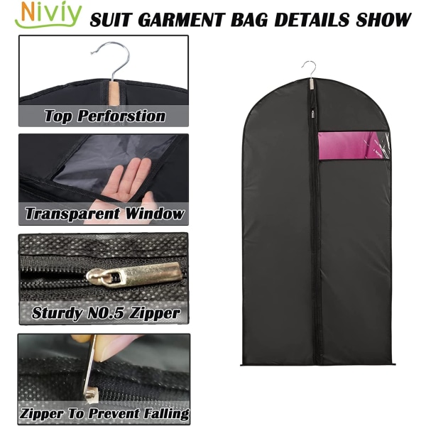 5pcs Clothing Covers Transparent Visible Window Suit Jacket Cover Anti Dust Waterproof Moth Moisture 60x100cm Black