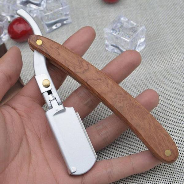 Barberkniv med ægte træhåndtag og klingeholder