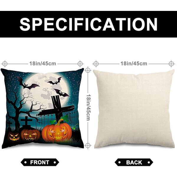 Set med 4 Halloween-kuddfodral, linnekuddfodral för sängdekor, 18x18 tum