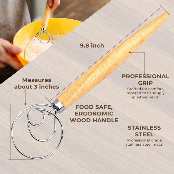Dansk deigvisp brødblander, 2-pakning premium rustfritt stål dansk visp med deigskrape for brød, bakverk eller pizzabunn - perfekt baking