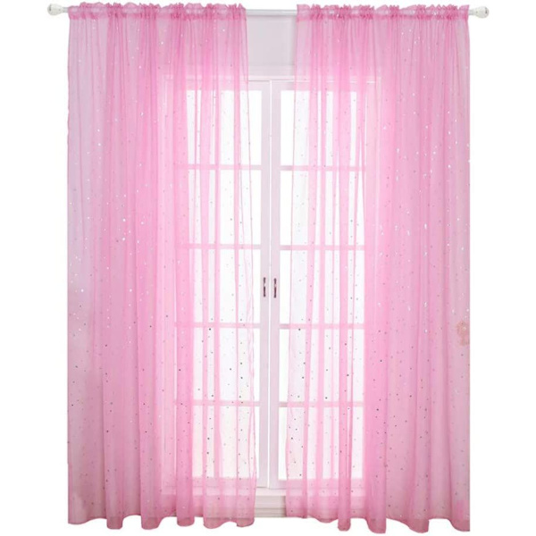1 stk - 100 * 200 cm (rosa) Voile vindusgardin Romantisk sølvstjerne folie vindusbehandling Paljetter Stjerner Gardiner Panel for vindu