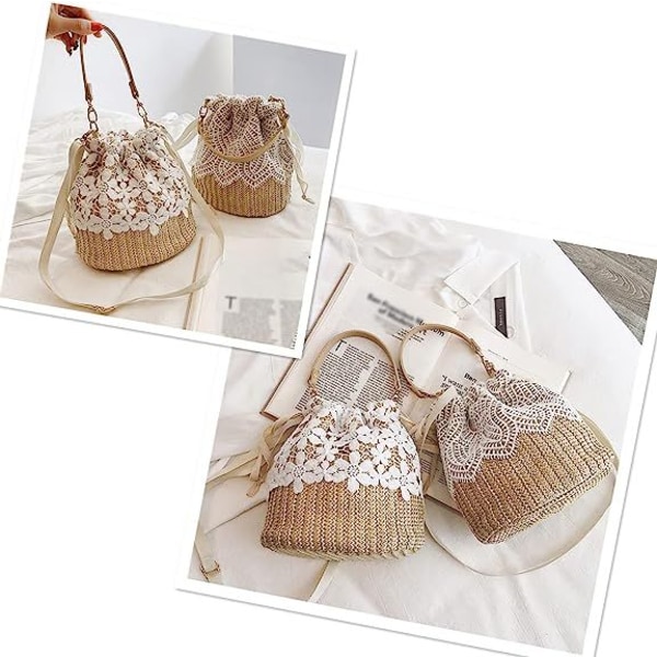 Halm Väska Crossbody Väska Korg Väska Kvinnor Flickor Dragsko Spets Vävd Handväska Sommar Rotting Strandväska Boho Semester Hink