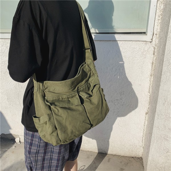 Workwear crossbody shoulder bag men's and women's canvas bag student street bag large capacity casual literary canvas bag green