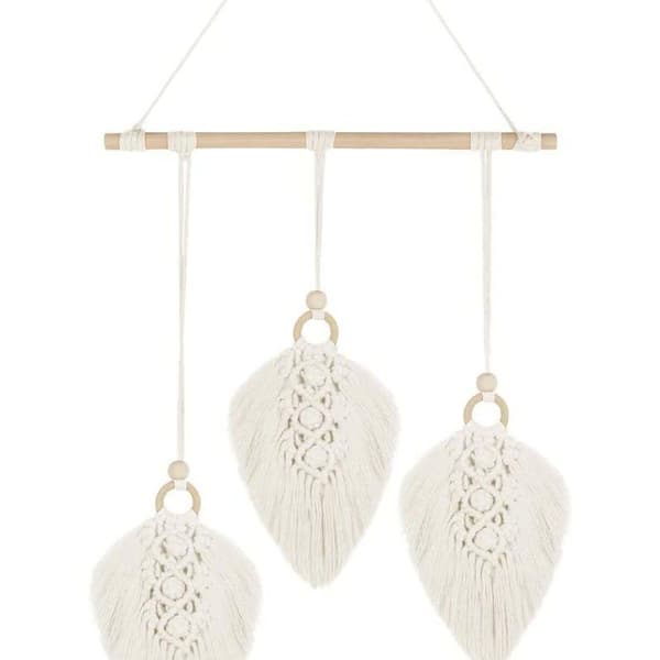 Macrame väggbonad boho dekoration, vävd väggdekoration gobeläng blad fjäder KLB
