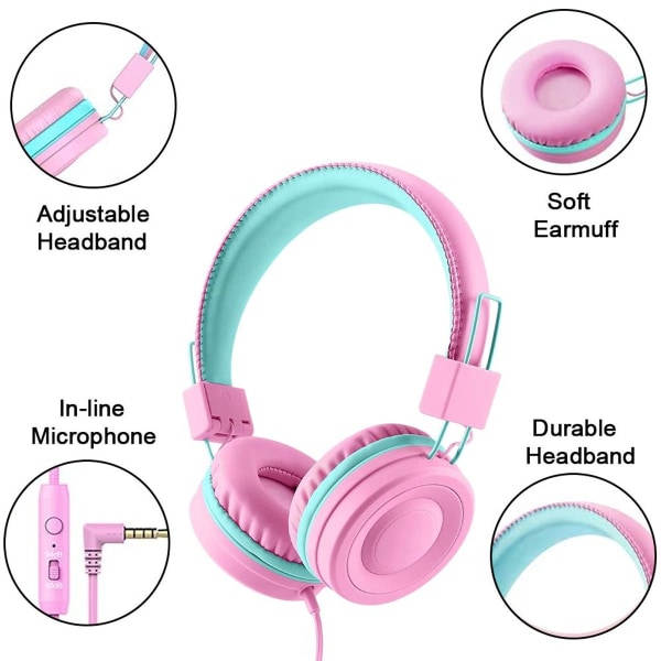 Hörlurar barn, kabel hörlurar för tjejer, rosa