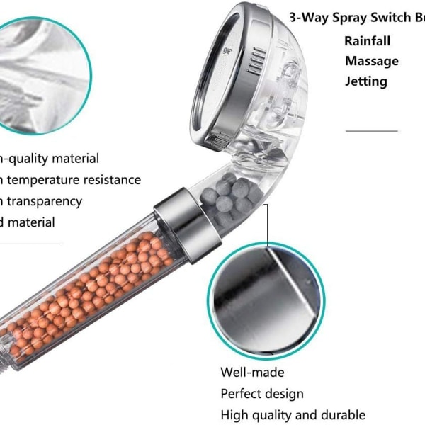 Brusehoved, filterfiltrering højtryksvandbesparende 3-mode sprayfunktion