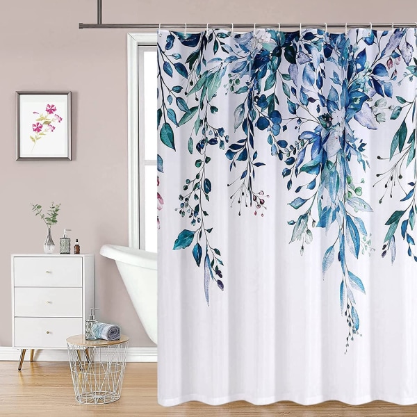 Blomster bruseforhæng med 12 kroge (blå), vandtæt polysilicium bruseforhæng, maskinvaskbar, hurtig tørring, 180x180cm p-