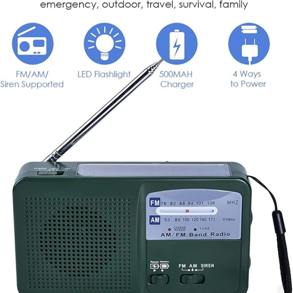 Bärbar nödradio solradio vev AM FM-radio med LED-ficklampa USB-port