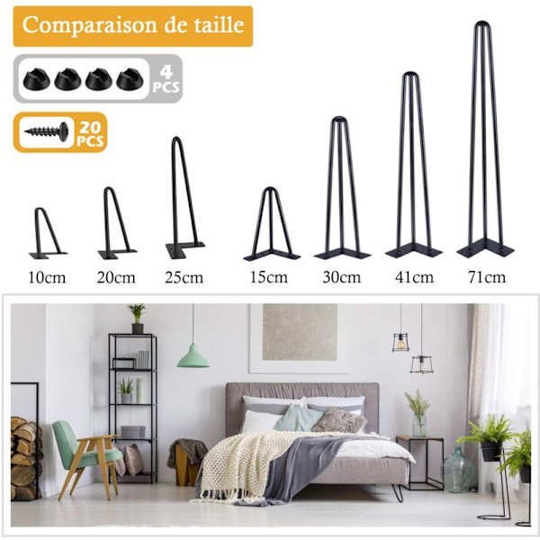 Skandinaaviset huonekalujalat 4 kpl Diy Pin -jalat Pöydän jalat Tuolin jalat 20 ruuvilla + 4 jalkasuojaa, H25cm-2 tankoa KLB