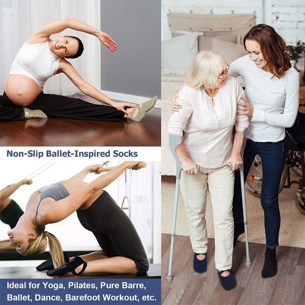 3 par yoga sokker til kvinder, skridsikre seler, ballet, sort KLB