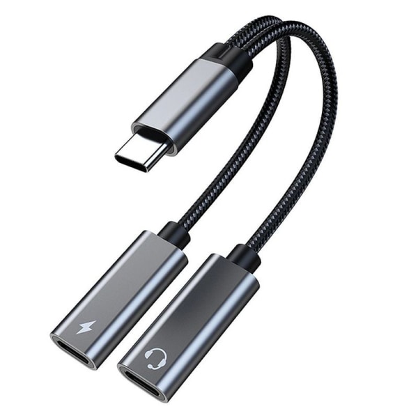 USB-C splitter, dubbla USB-C hörlurar och laddare adapter med TA2H-R2L60 grå