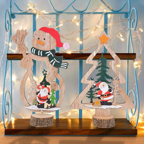 2 st träjuldekorationer - Snögubbe julgran - Juldekorationer för skrivbord