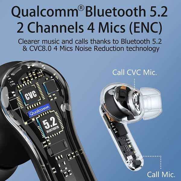 Bluetooth-hörlurar 5.1 Öronproppar LED-strömvisning Trådlös Svart