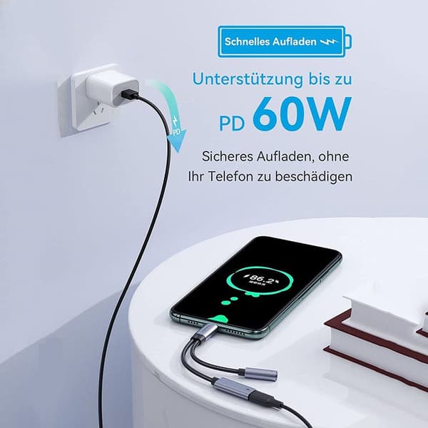 USB C til 3,5 mm jack hodetelefonadapter og lader - 2 hodetelefoner