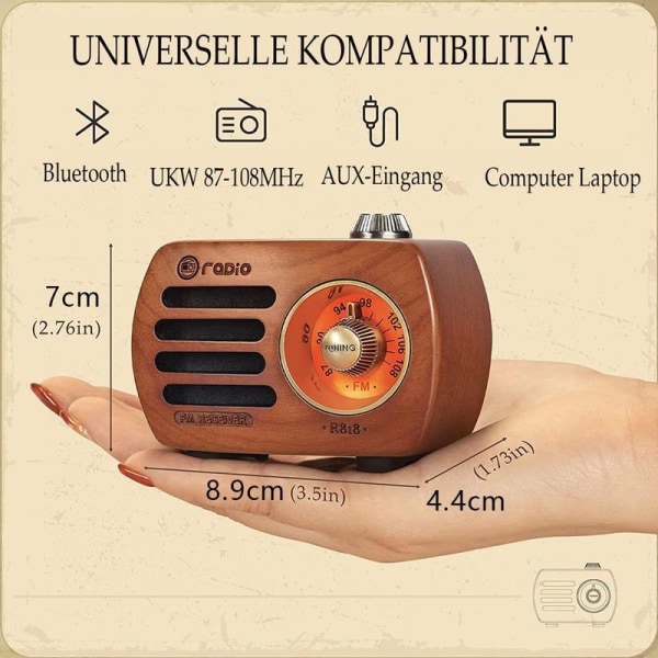 PRUNUS R-818 Retro radio i tre med Bluetooth-høyttaler, bærbar FM VHF