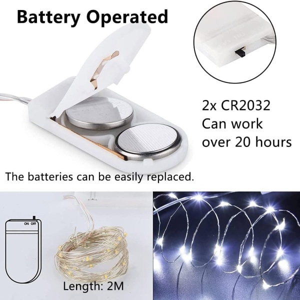 12 stk. batteridrevne mini LED-lyskæder, 20 LED kobbertrådslys, 2 m ba