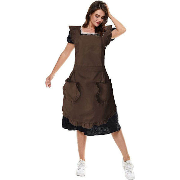 Justerbar retro volangförkläde med fickor, storlek S till plus size, brun