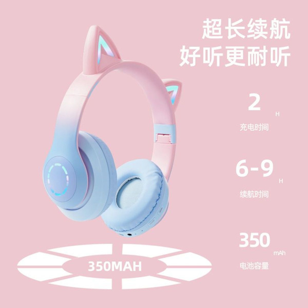 Trådlöst Bluetooth-headset kattöron led rosa blå gradient