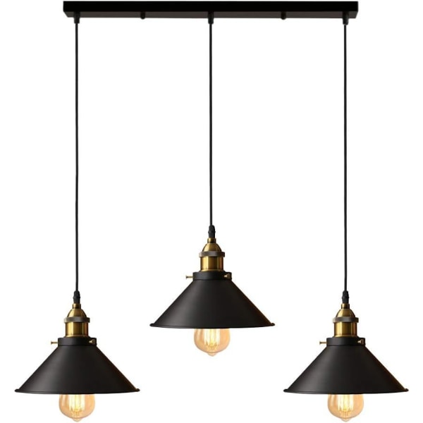 3 lampor Pendelljus Industriell ljuskrona taklampor Design Edison metall ljuskrona upphängning med 50 cm stångstöd, Ø 22 cm, svart