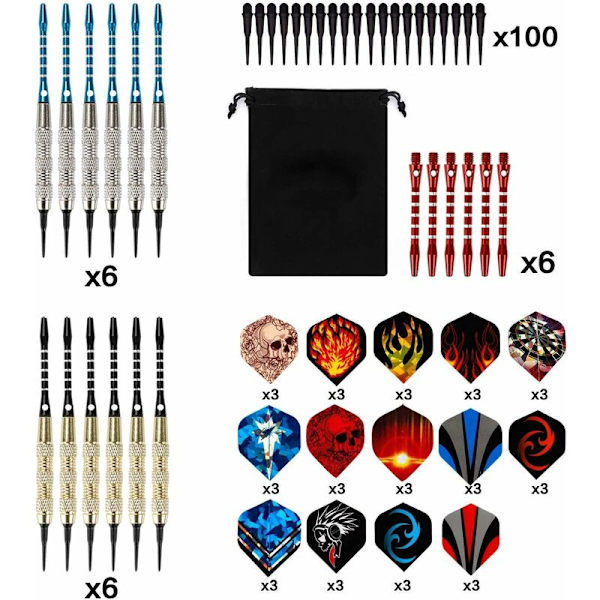 Plastspets Dart [18g], Kit med 12 Dartpilar för Elektroniska Dart Spel (42 Flights + 100 Tips + Extra 6 Aluminium Skaft) KLB