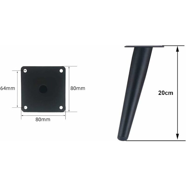 Skrånende bordben, metal skabben, kegle møbelben, rustfrit stål, malet sort 20 cm højde, skridsikker lydløs udskiftning til sofaer KLB