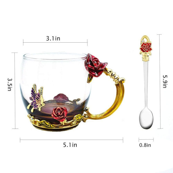 Glas Tekopp, Kristallklar Blomster Te Kaffe Kopp, Handgjord Emalj KLB