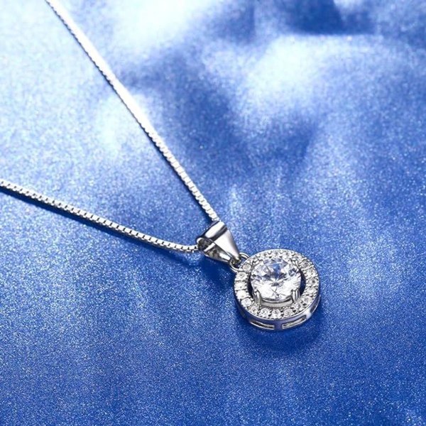 Halskjede med rund anheng i sterlingsølv for kvinner med 3A 6 mm cubic zirconia, 45 cm boks