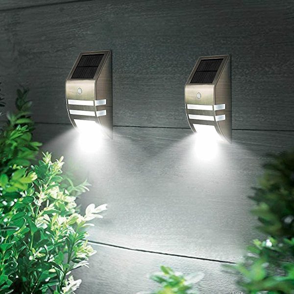 Sett med 4 lamper utendørs solcellelampe vanntett bevegelsessensor - Rustfritt stål - Vegglamper for utendørs - Med for hage, terrasse, sti
