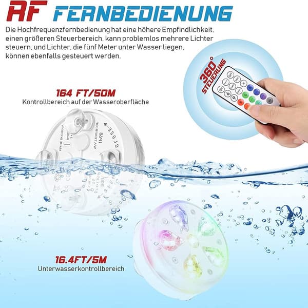 Vanntett LED-bassenglys for hage med RF-fjernkontroll, timer