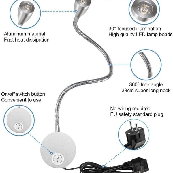 Läslampa väggmontering LED sänglampa touch-switch dimbar svanhals KLB