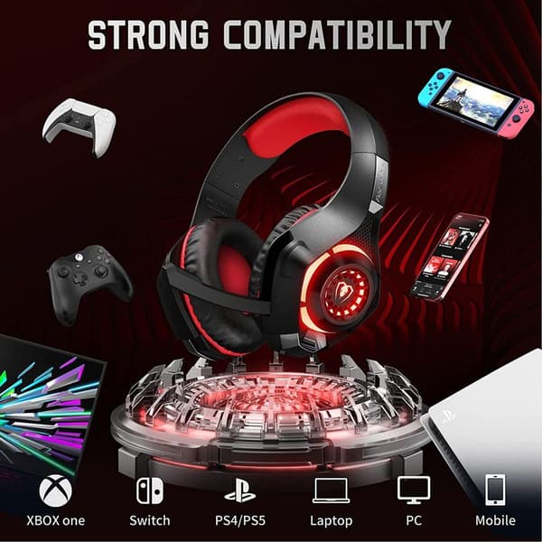 Headset med mikrofon til PS4 Xbox One, Surround Sound Sort Rød
