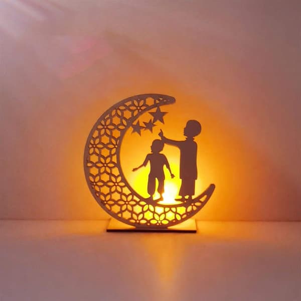 Træmåne Stjerne LED-lampe, Måne Stjerne Gardinlys Ramadan Lys KLB