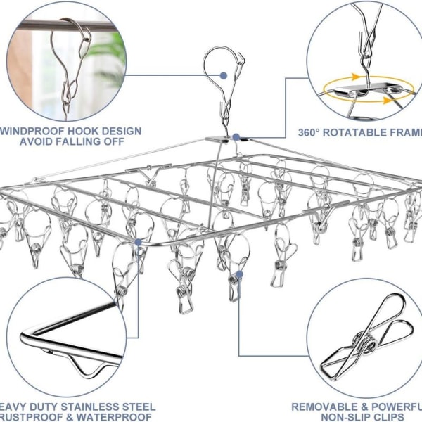 Ruostumattomasta teräksestä valmistettu pyykinkuivausteline 52 klipsulla