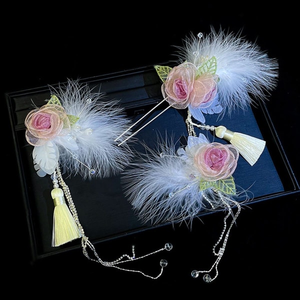 Pakke med 3 rosenåle kvast fjer hårtilbehør dekoration brudekvast hårnåle KLB