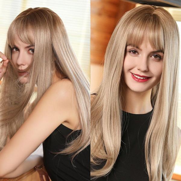 19 tum lång rak blond naturlig syntetisk peruk för kvinnor