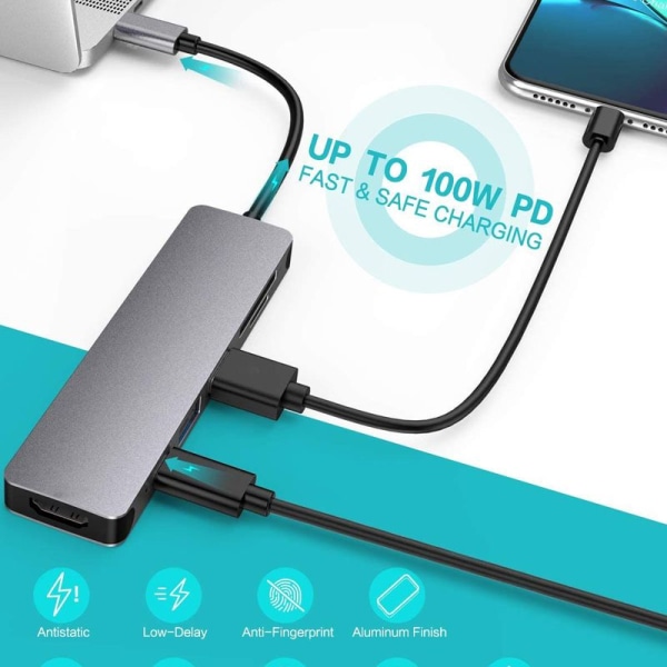 LEVIN USB C -keskitin 7-IN-1 Type C -keskitin 100 W:n PD-virransyötöllä, 4K UHD USB C -sovitin