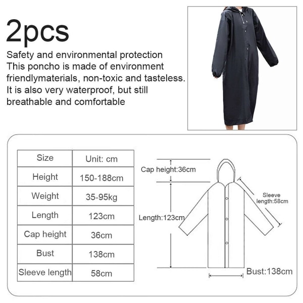 Adult Reusable Ponchos 2 Pack Hooded Drawstring Black Ponchos KLB