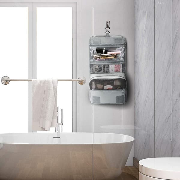Multifunktionel bærbar toilettaske til kosmetik og makeup i grå