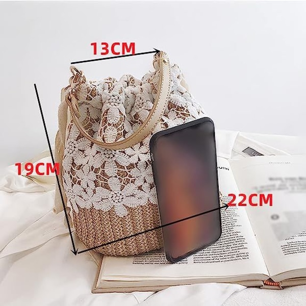 Halm Väska Crossbody Väska Korg Väska Kvinnor Flickor Dragsko Spets Vävd Handväska Sommar Rotting Strandväska Boho Semester Hink