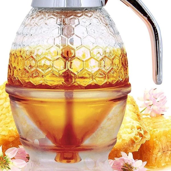 Ingen dryppglass honning- eller lønnesirupdispenser - vakker honningbeholder med honningkake
