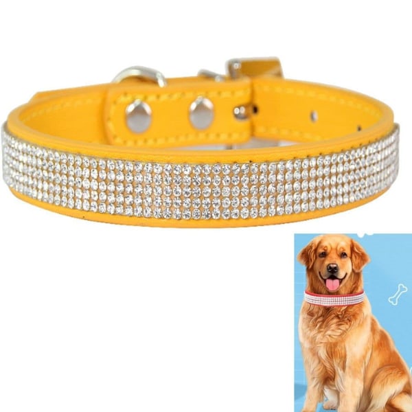 Ett hundhalsband (M,guld),PU + kristall-djurhalsband,[Justerbara halsband för hundar] Hals 28-36 cm