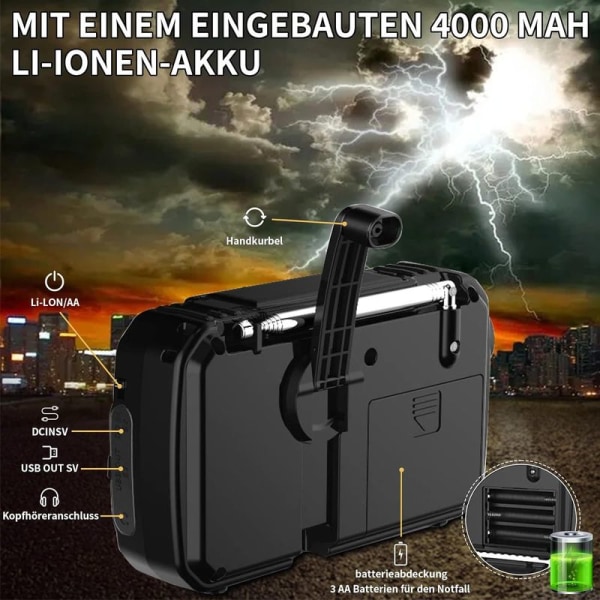 Solradio, AM/FM bärbar vevradio, Dynamo nödradio med 4000 mAh