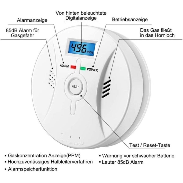 Kolmonoxidlarm med LCD-display, CO-detektor, högt 85 dB larm,