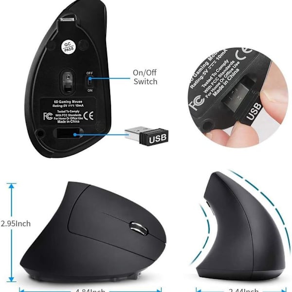 Ergonomisk vertikal trådløs mus, oppladbar optisk mus,